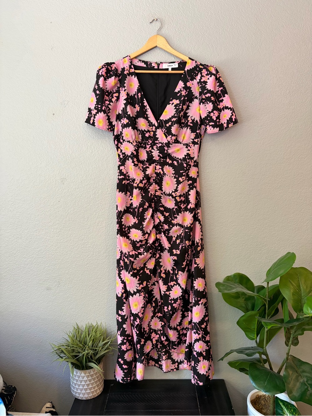 Likely Black Midi Dress with Pink Floral Print